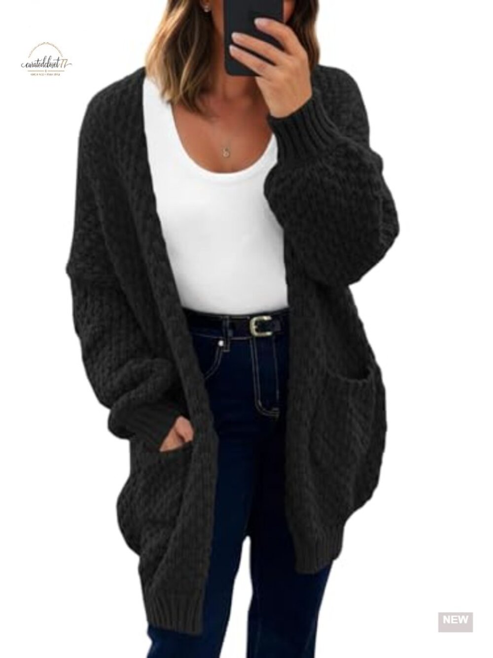Knit Waffle Stitch Oversized Open Front Cardigan